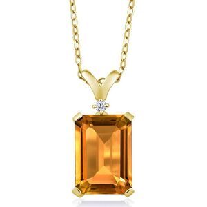 18K Yellow Gold .925 Sterling Silver Citrine and Diamond Pendant Chain Necklace